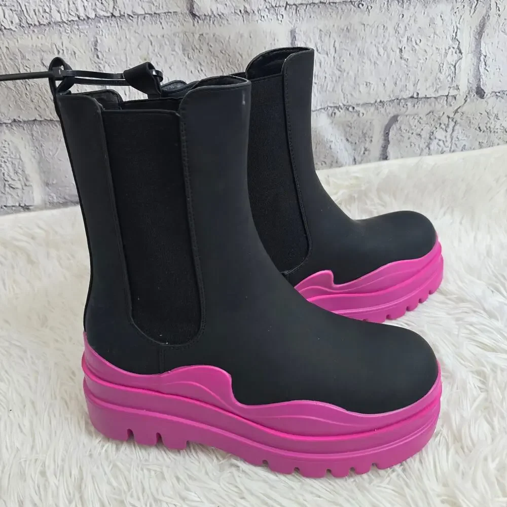 Shoedazzle Women's Black And Pink Weatherproof Platform Polly Boots